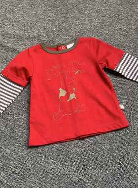 0-6个月 D家纯原初生新生婴儿宝宝红色条纹拼接长袖T恤上衣打底衫