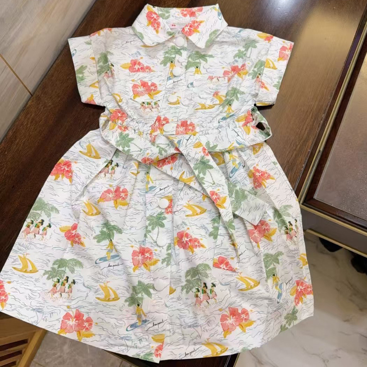 法单新款女孩中小童夏季纯棉碎花短袖连衣裙衬衫裙公主裙 4-14岁