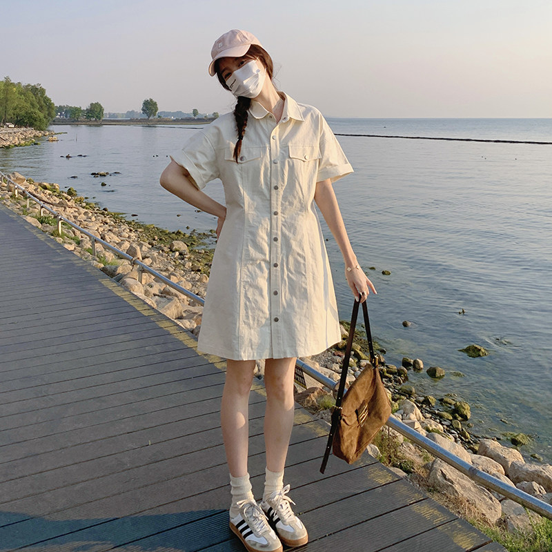 现货米白色衬衫连衣裙208-P105K158,女装连衣裙,浙宝251