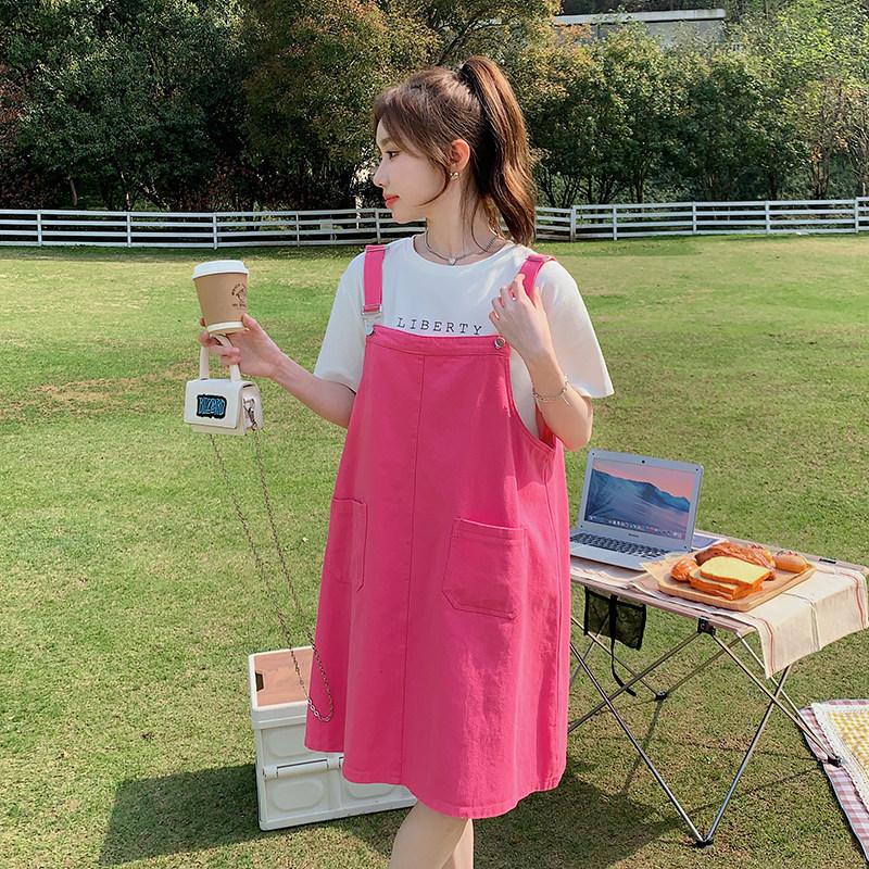 多巴胺韩系chic红龙果色牛仔背带连衣裙女夏薄款好看慵懒宽松长裙,女装连衣裙,浙宝251