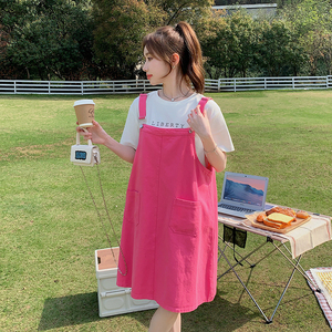 多巴胺韩系chic红龙果色牛仔背带连衣裙女夏薄款好看慵懒宽松长裙图片