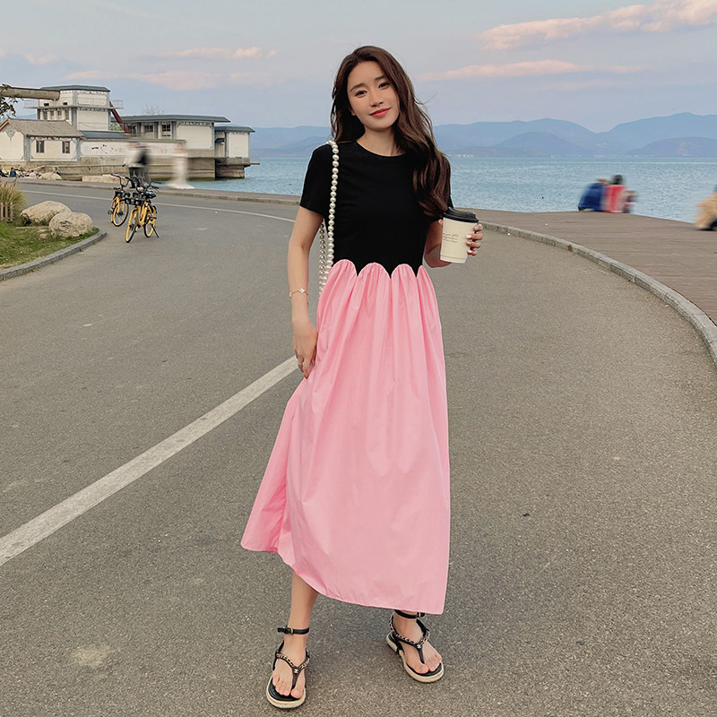 粉色拼接无袖连衣裙女夏高级感独特别致绝美度假风超好看背心裙,女装连衣裙,浙宝251