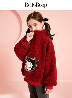 【CC家居控】贝蒂女童红色卫衣加绒加厚毛毛衣2023冬季女大童年服