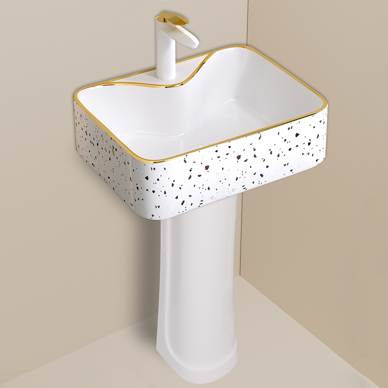 小户型简欧轻奢落地式陶瓷立柱盆卫生间阳台免打孔洗手盆金洗脸盆