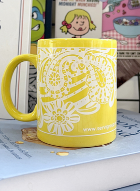 原单简约复古花纹明黄色创意陶瓷杯马克杯咖啡杯水杯办公杯子