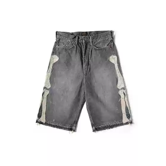 Official Website 50% off Kapital Japa Denim Gem Shorts Japanese Style Men's Bone Embroidery Distressed Loose Fit Five-Point Length