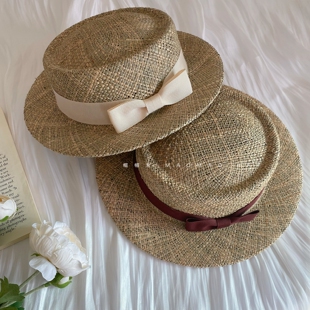 帽帽家 日系少女复古草帽天然草编帽子平顶短檐遮阳帽 春夏小清新