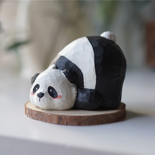 Joe 可爱趴趴熊小熊猫木雕小摆件纯手工雕刻桌面摆件礼物 小作坊