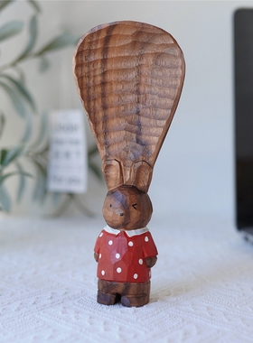 Joe的小作坊/兔子饭勺黑胡桃木雕可爱手作可站立米饭勺乔迁送礼物