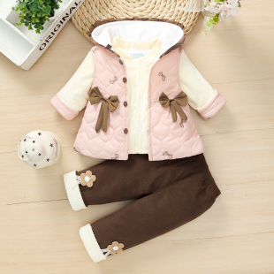 女宝宝春秋冬夹棉套装新生婴儿外出服冬装幼儿衣服加厚分体三件套