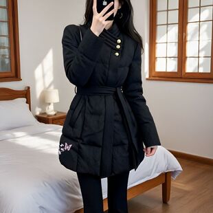 秋冬黑色小香风中长款修身收腰棉服女款2025新款好看保暖外套