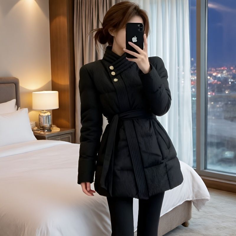 秋冬高级黑色香风中长款收腰棉服女款2025新款好看保暖中长款外套