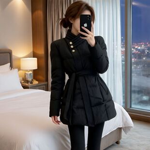 秋冬高级黑色香风中长款收腰棉服女款2025新款好看保暖中长款外套