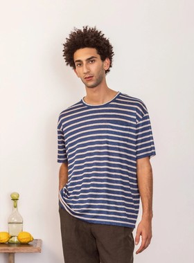 法国制造de bonne facture复古亚麻透气圆领口袋条纹休闲短袖T恤