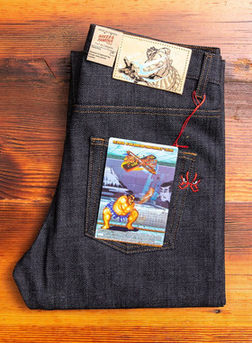 Naked and famous街头霸王21oz原色宽松直筒小脚原色刺绣牛仔裤