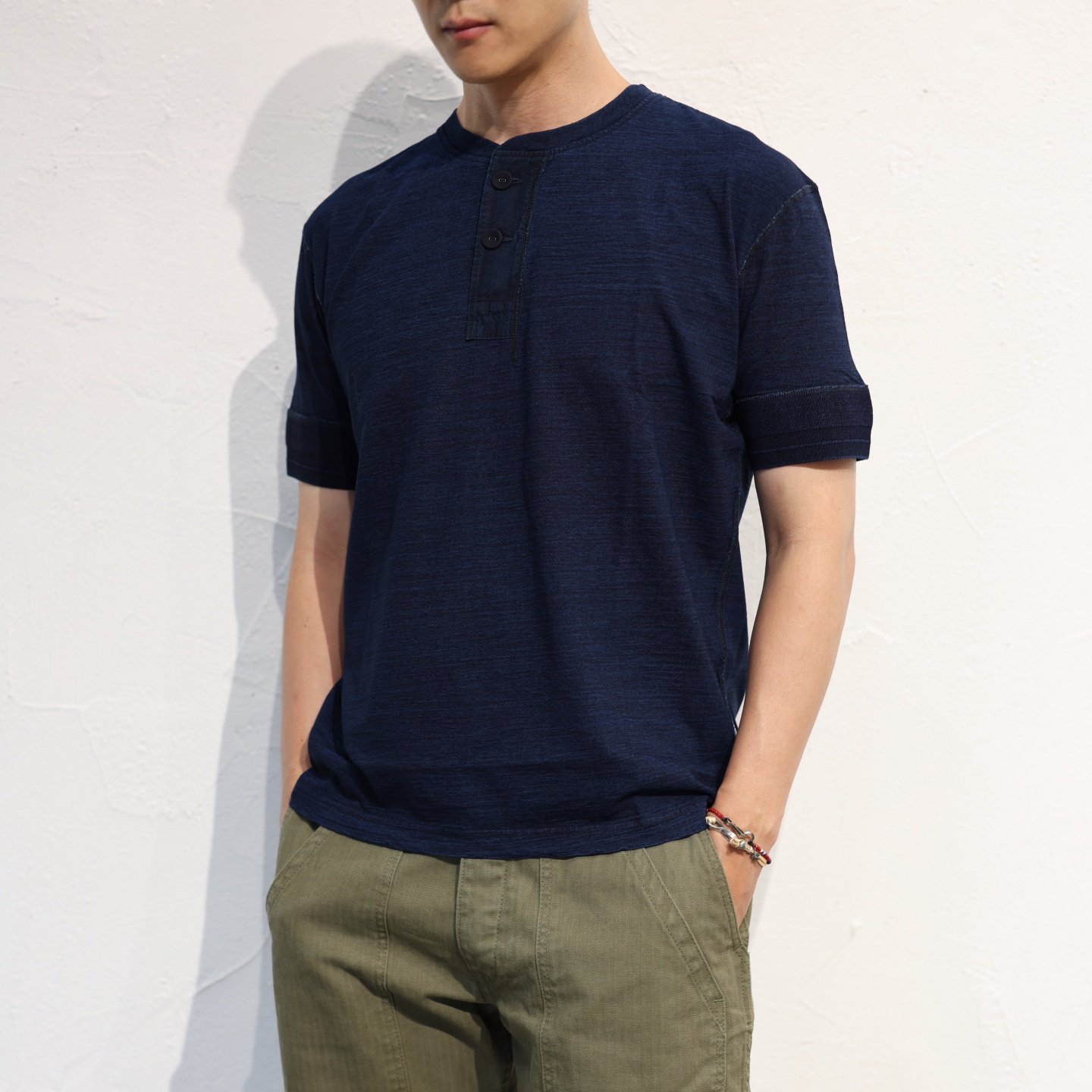 复古蓝染纯棉短袖亨利领T恤男