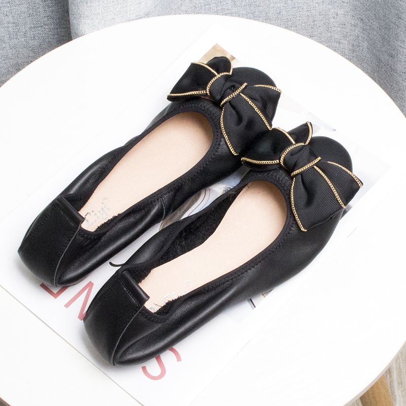 女单鞋真皮蛋卷鞋平底舒适蝴蝶结浅口大码船瓢鞋豆豆2025春夏新款