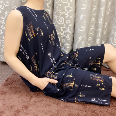 男棉绸睡衣家居服中老年睡衣男士夏季背心短裤套装休闲绵绸居家服