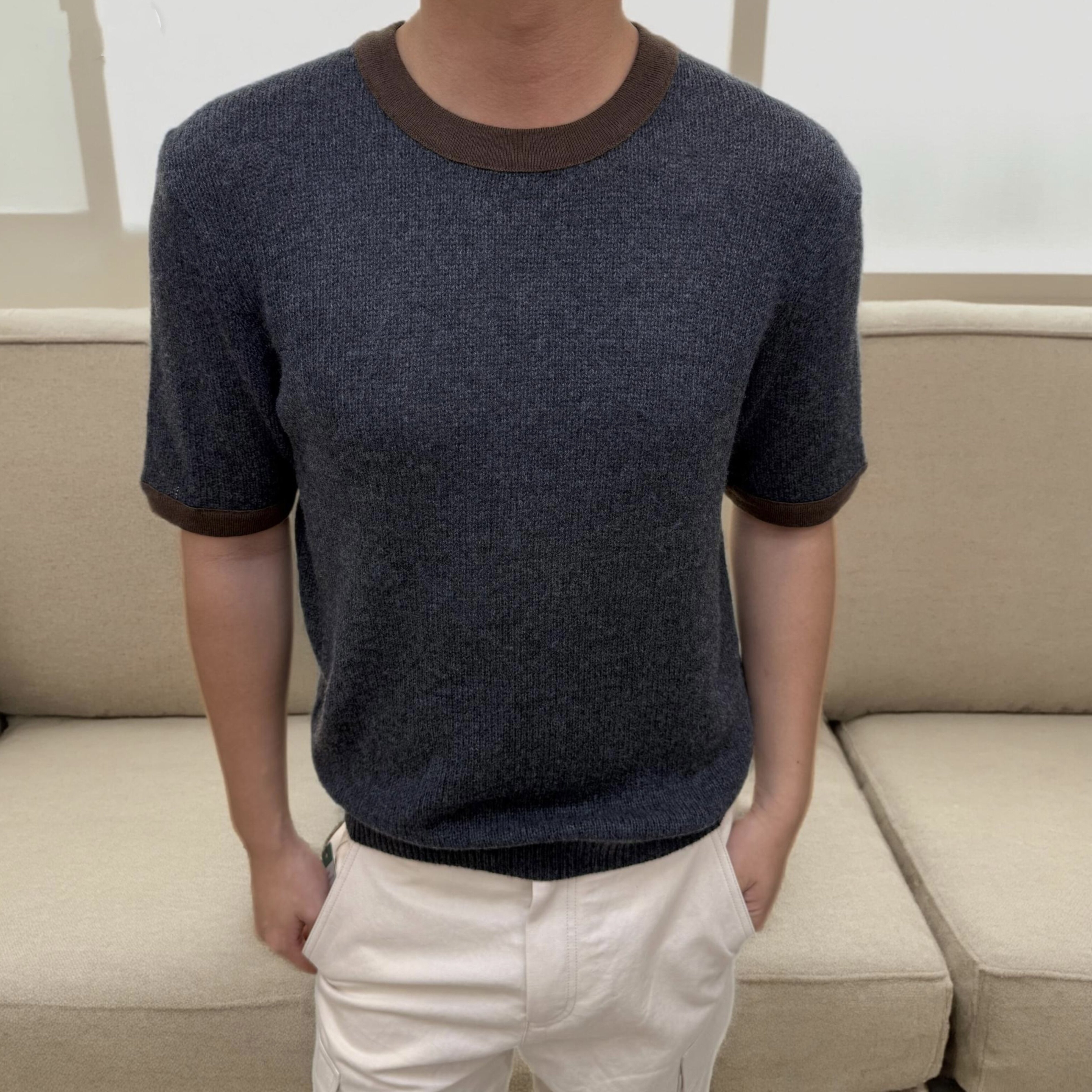 秋冬优雅撞色领口袖口撞色针织短袖羊绒羊毛混纺舒适柔软显瘦毛衣