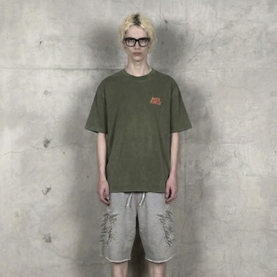 春夏重工洗水做旧磨烂纯棉短袖圆领上衣男款薄款简约字母T恤休闲