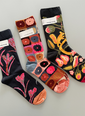 爆款Bonne Maison法国趣味油画风中筒袜女棉四季款多巴胺彩色袜子