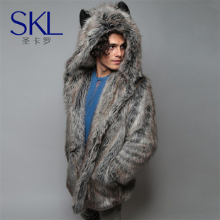 街头中长款 狼头连帽外套仿貂皮皮衣个性 大衣 欧美皮草男士 2022新款