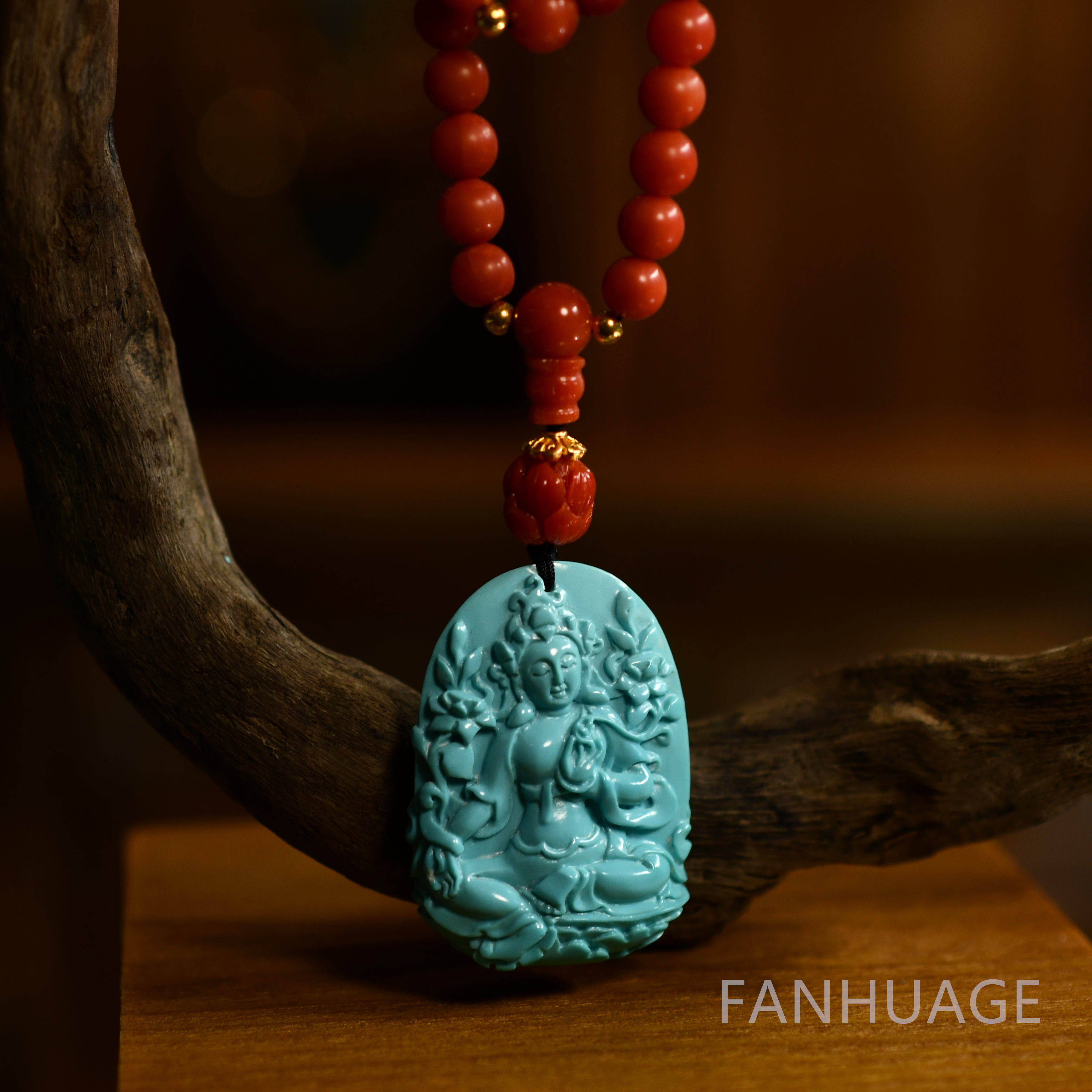 美国睡美人绿松石雕刻绿度母佛牌配地中海有机红宝石圆珠108项链