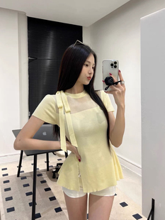 2024SS夏季 女ins设计感网纱微透甜美纯欲显瘦收腰开叉针织T恤 新款