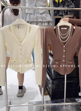 现货~KIYOMI实拍韩版纯欲辣妹V领镂空垫肩收腰复古巴曼风针织开衫
