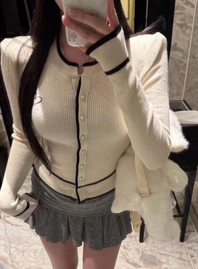 现货~KIYOMI正版韩版纯欲辣妹宋智雅同款圆领撞色小香风针织开衫