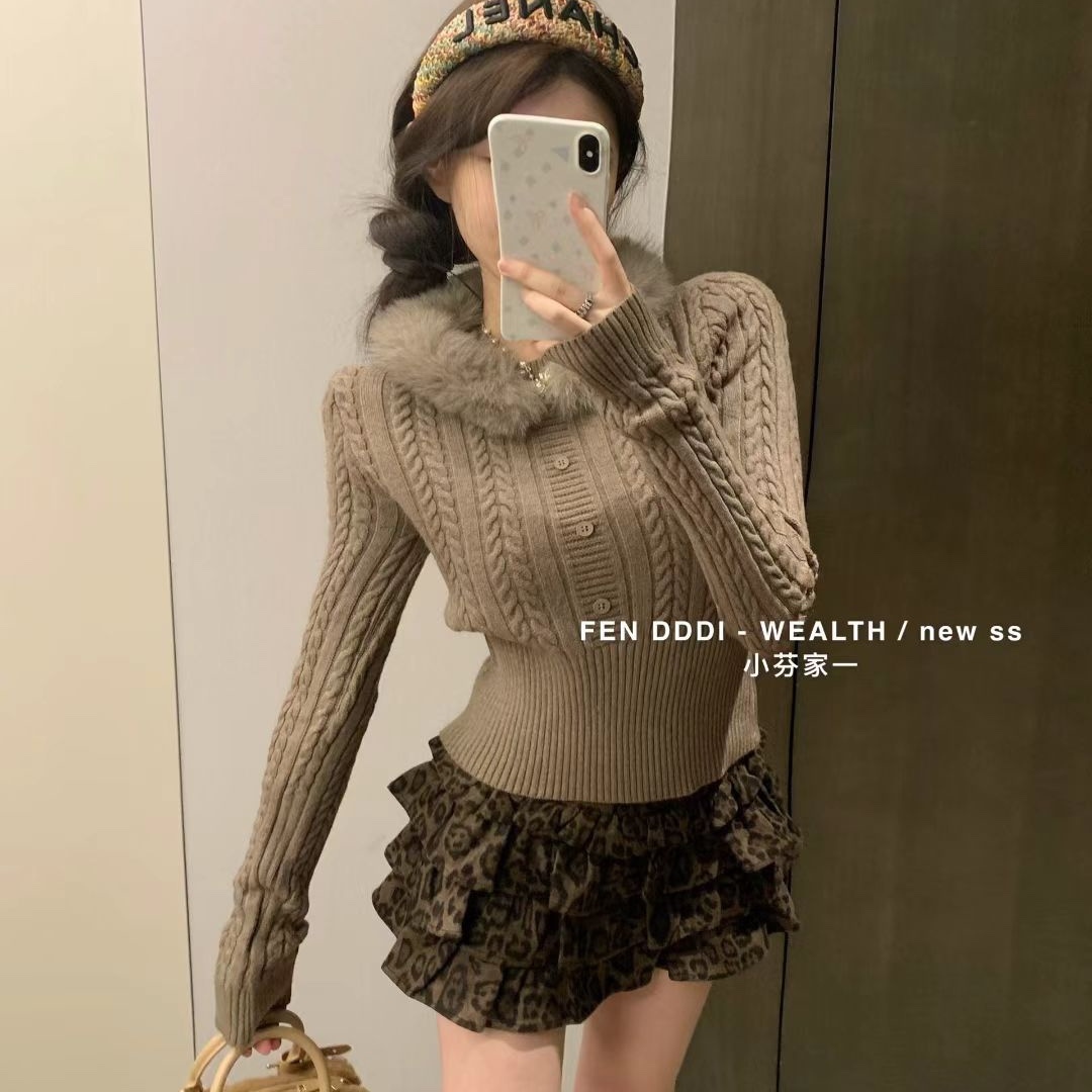 现货~小芬家FEN家秋冬富家千金MIU系穿搭可拆卸毛领麻花针织毛衣