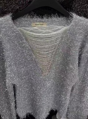现货~韩版WANGHONG东大门氛围感重工V领钉珠拼接blingbling毛衣