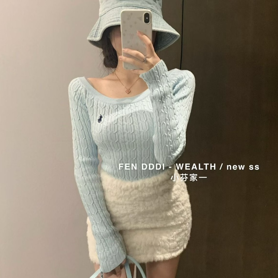 现货~小芬家FEN家秋冬富家千金小马麻花一字领显瘦针织衫毛衣打底