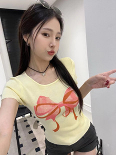 甜美纯欲辣妹蝴蝶结印花圆领正肩针织T恤显瘦 女装 2024SS夏季 新款
