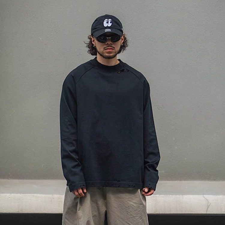 SEVENMF巴黎风纯棉小领口宽松破洞打底衫男重磅插肩袖纯色长袖T恤