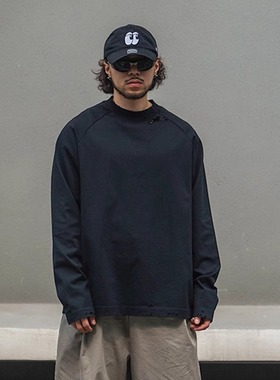 SEVENMF巴黎风纯棉小领口宽松破洞打底衫男重磅插肩袖纯色长袖T恤