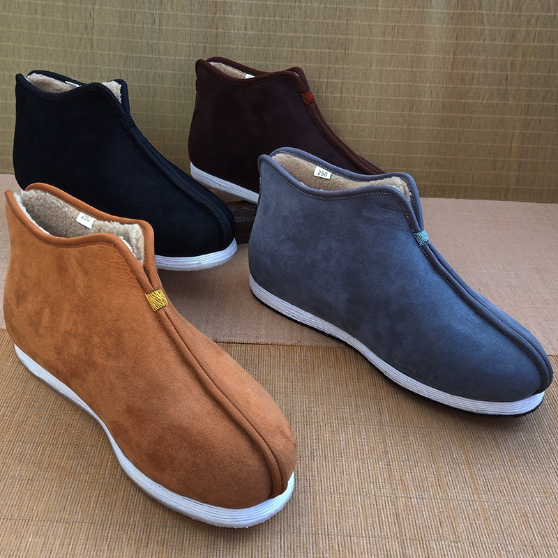 新款老北京布鞋男冬季高帮保暖加绒手工千层底僧鞋男女师父鞋棕色