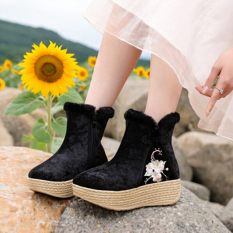 民族风绣花短靴女加绒保暖厚底增高古风棉靴松糕底摇摇鞋旗袍马面,女鞋,时装靴,淘宝优惠券,粉丝福利购,淘宝优惠卷