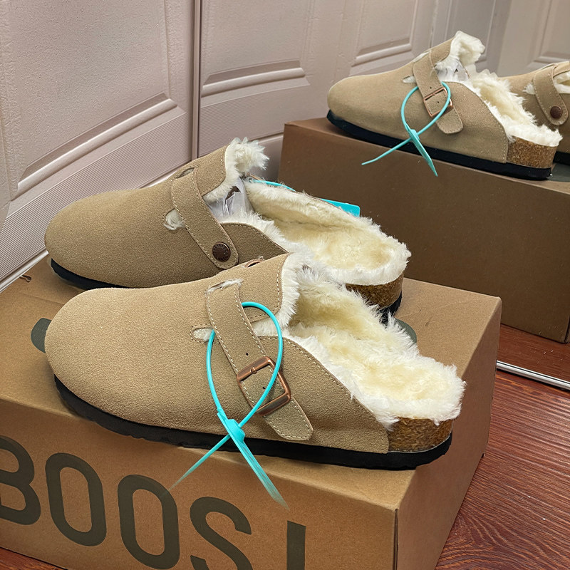 勃肯鞋加绒男士2025秋冬新款外穿保暖包头拖真皮勃肯半拖棉鞋女潮