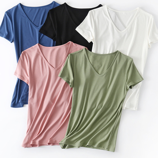 高端桑蚕丝螺纹面膜T恤女夏季薄款罗纹针织短袖上衣V领修身2025新