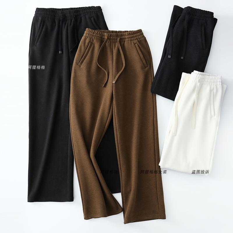德绒毛呢高腰直筒裤 秋冬加厚松紧腰休闲裤子 宽松显瘦 克重约530