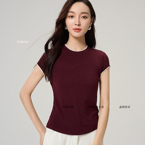 羊毛莱赛尔 撞色圆领短袖T恤衫女夏 小飞袖修身上衣阿狸格格