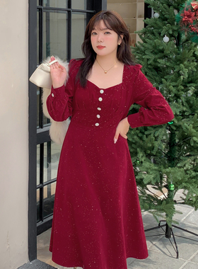 胖mm大码女装法式方领泡泡袖连衣裙02025秋冬新品显瘦A字裙长裙女