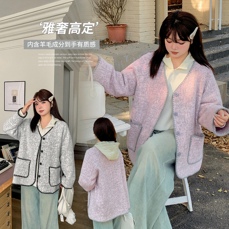 大码女装法式小香风双色毛呢外套2024冬季新品气质v领休闲上衣女,女装/女士精品,毛呢外套,淘宝优惠券,粉丝福利购,淘宝优惠卷