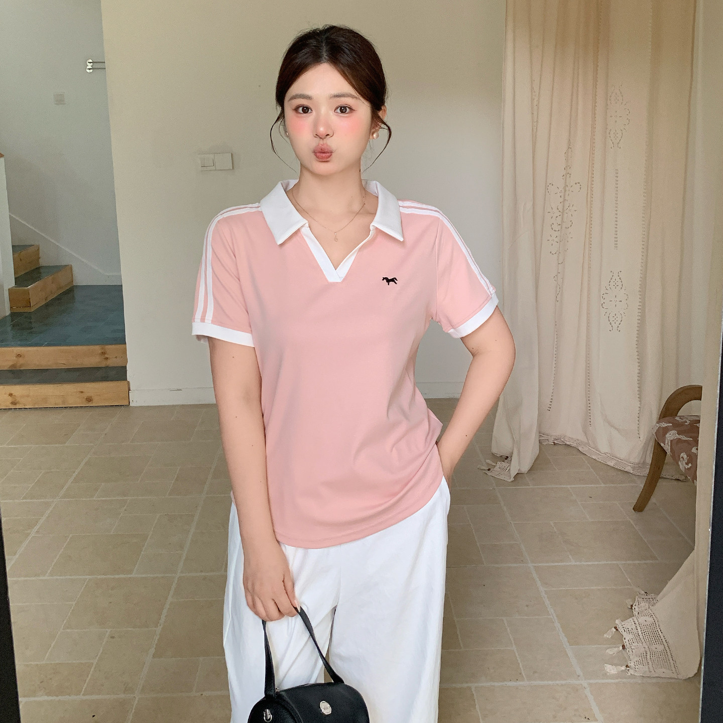 大码美式翻领减龄短袖T恤2026夏季新款撞色Polo领收腰显瘦上衣女