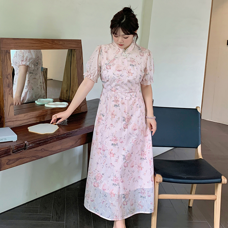 大码设计感国风旗袍蕾丝连衣裙