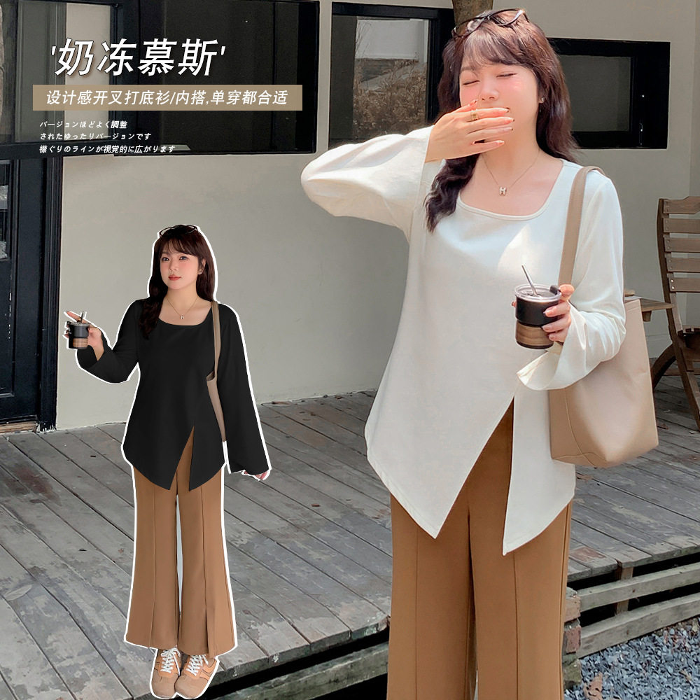 微胖大码女装胖mm韩版设计感开叉打底衫2025春季新款遮肉长袖T恤,女装/女士精品,大码内搭,淘宝优惠券,粉丝福利购,淘宝优惠卷