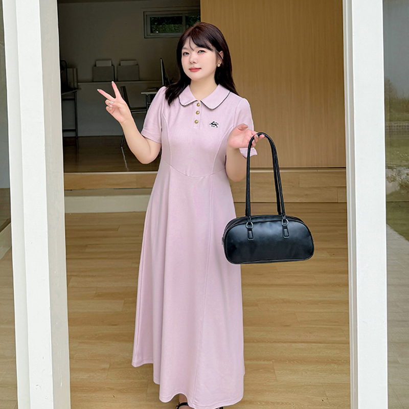 胖mm大码女装翻领连衣裙2025夏季新款200斤韩版收腰显瘦刺绣长裙