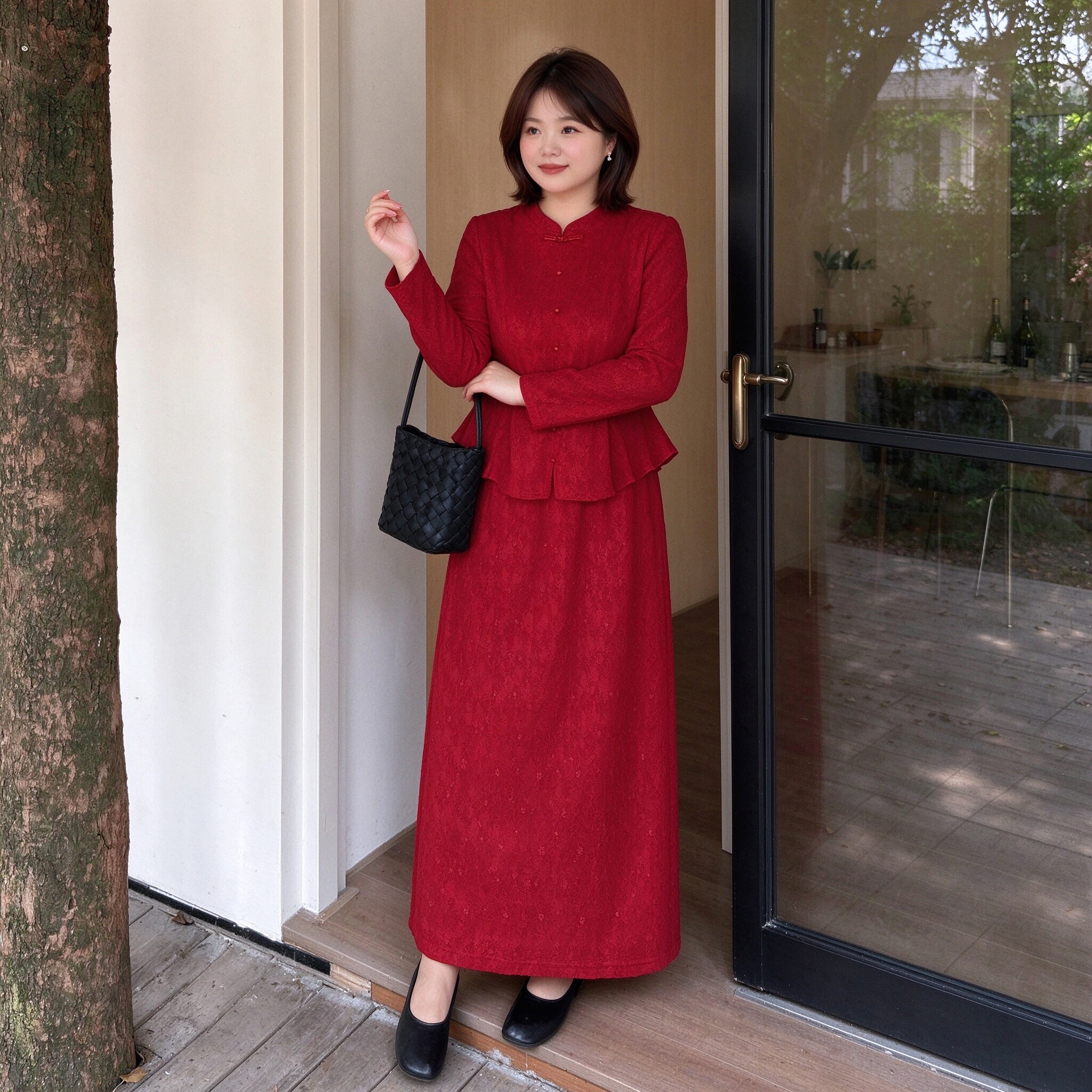 微胖mm新中式大码套装秋季新品盘扣上衣长裙两件套订婚礼服敬酒服