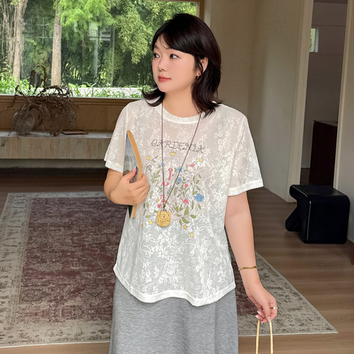 200斤大码亚麻甜美短袖T恤